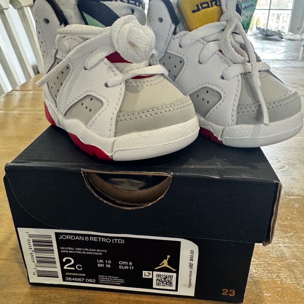 Jordan 6 Retro TD Kids Sneakers - White, Gray, Red